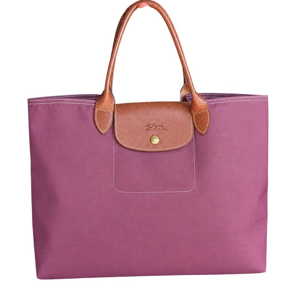 Longchamp Le Pliage Cabas Tote Bag Purple Nylon Leather Trim Made in France